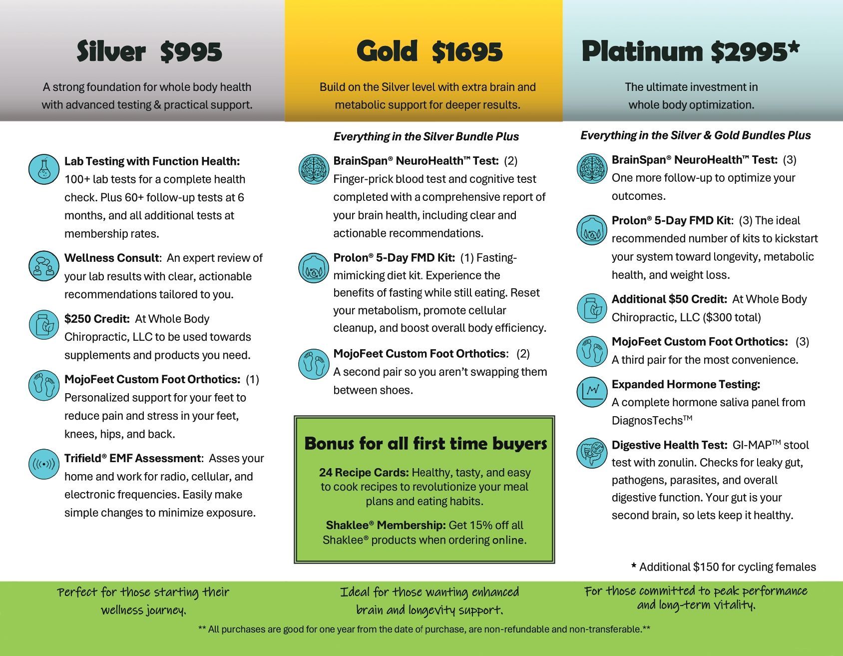Pricing chart comparing Silver, Gold, and Platinum plans with features and prices in teal, gold, and purple.