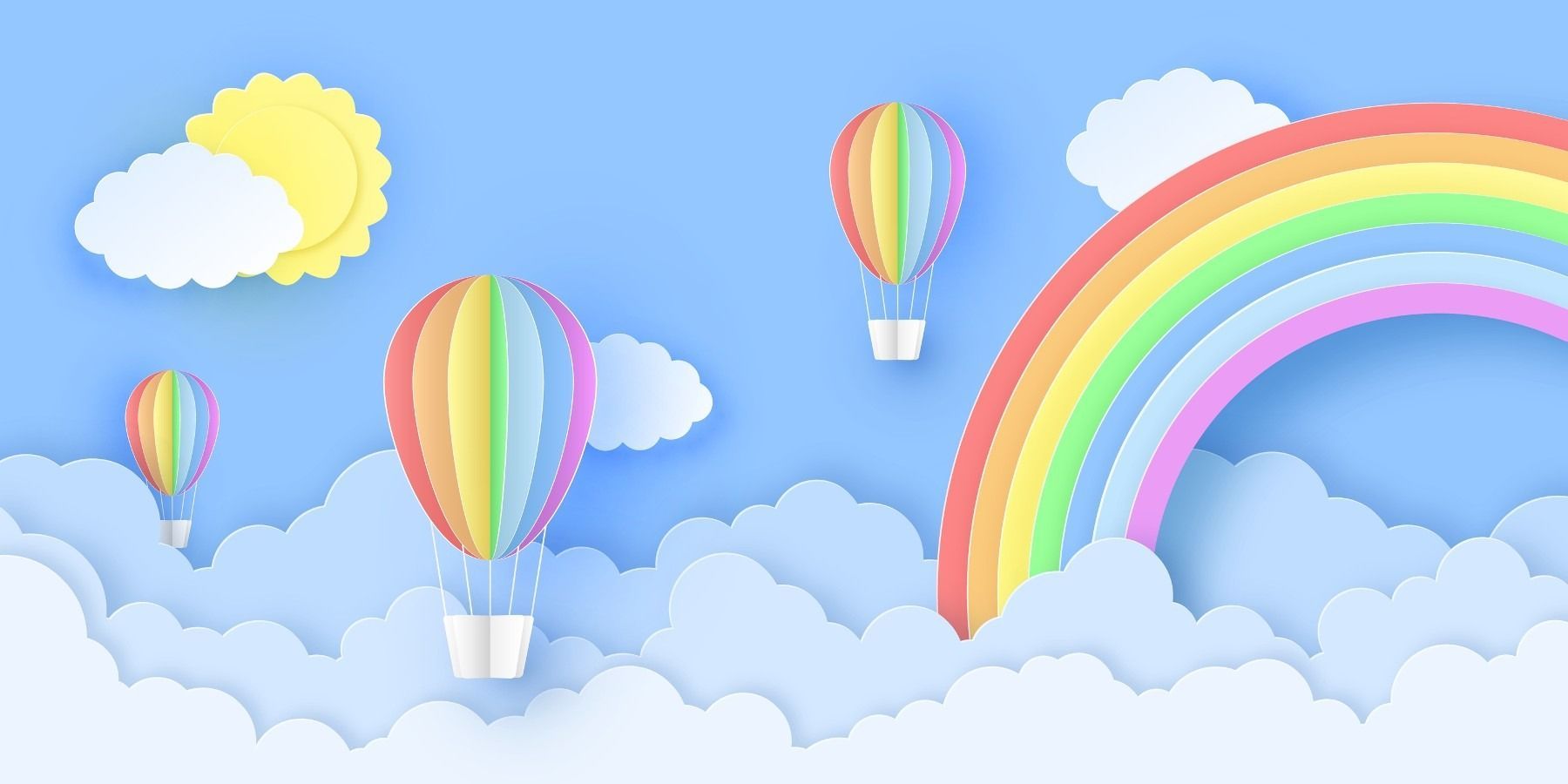 Rainbow-colored hot air balloons float through a blue sky with clouds, a sun, and a rainbow.