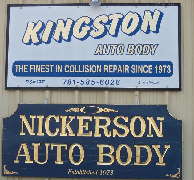 Two auto body shop signs: Kingston Auto Body above, Nickerson Auto Body below.