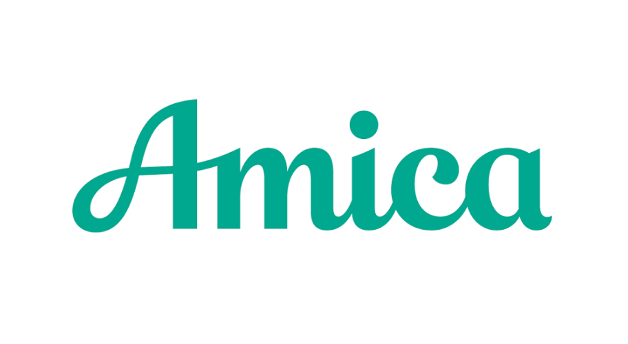 Amica logo in teal script on a white background