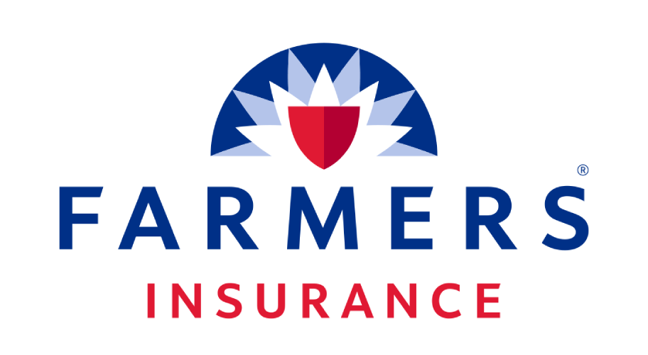 Farmers Insurance logo with blue and red text and a red-and-blue shield emblem