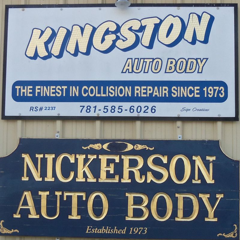 Two auto body shop signs: Kingstion Auto Body above Nickerson Auto Body, blue and gold on a building