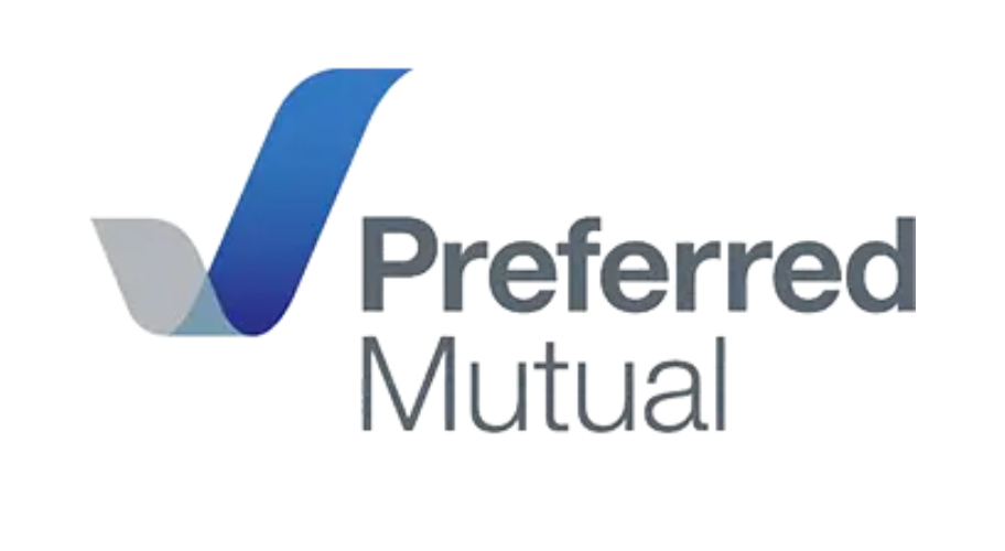Preferred Mutual logo with blue and gray emblem and gray text