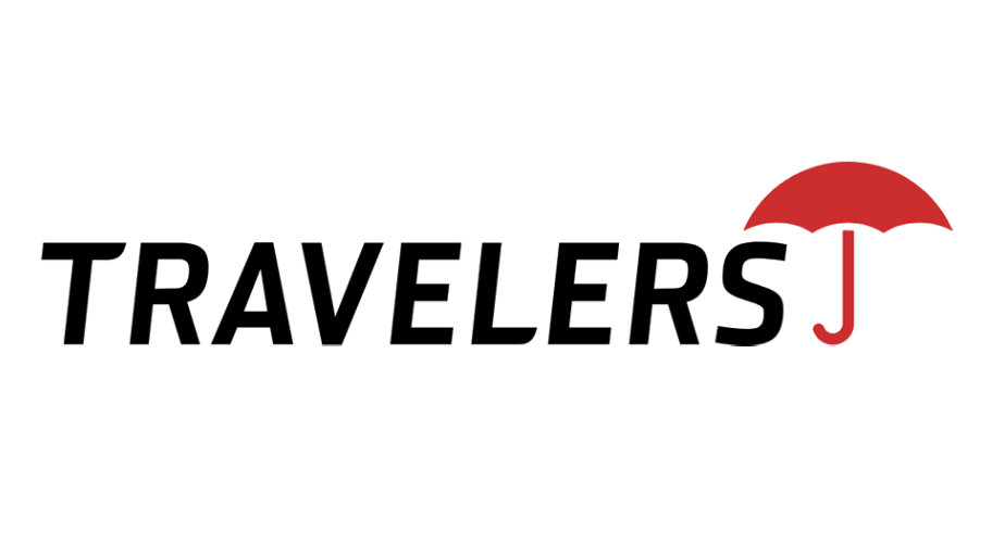 Travelers logo in black with a red umbrella above the final letter