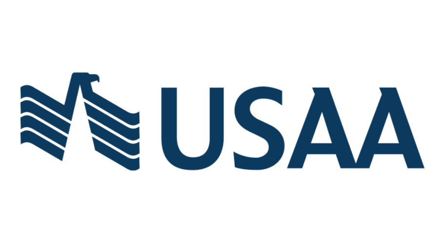 USAA logo in navy blue with stylized flag emblem and bold text on a white background