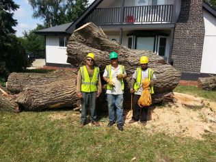 Three men are standing in front of a large log in front of a house.