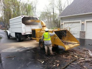 A man is standing next to a tree chipper in a driveway.