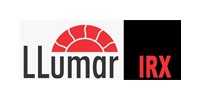 Logo for LLumar IRX, featuring the brand name and sun-like graphic in red, with a black square to the right.