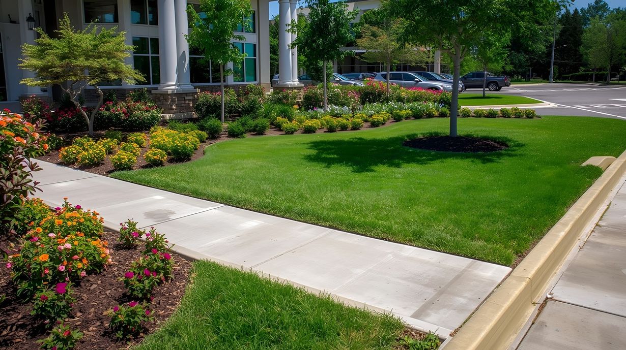 A concrete sidewalk winds through a landscaped office park with green lawns, flower beds, and trees under a sunny sky.