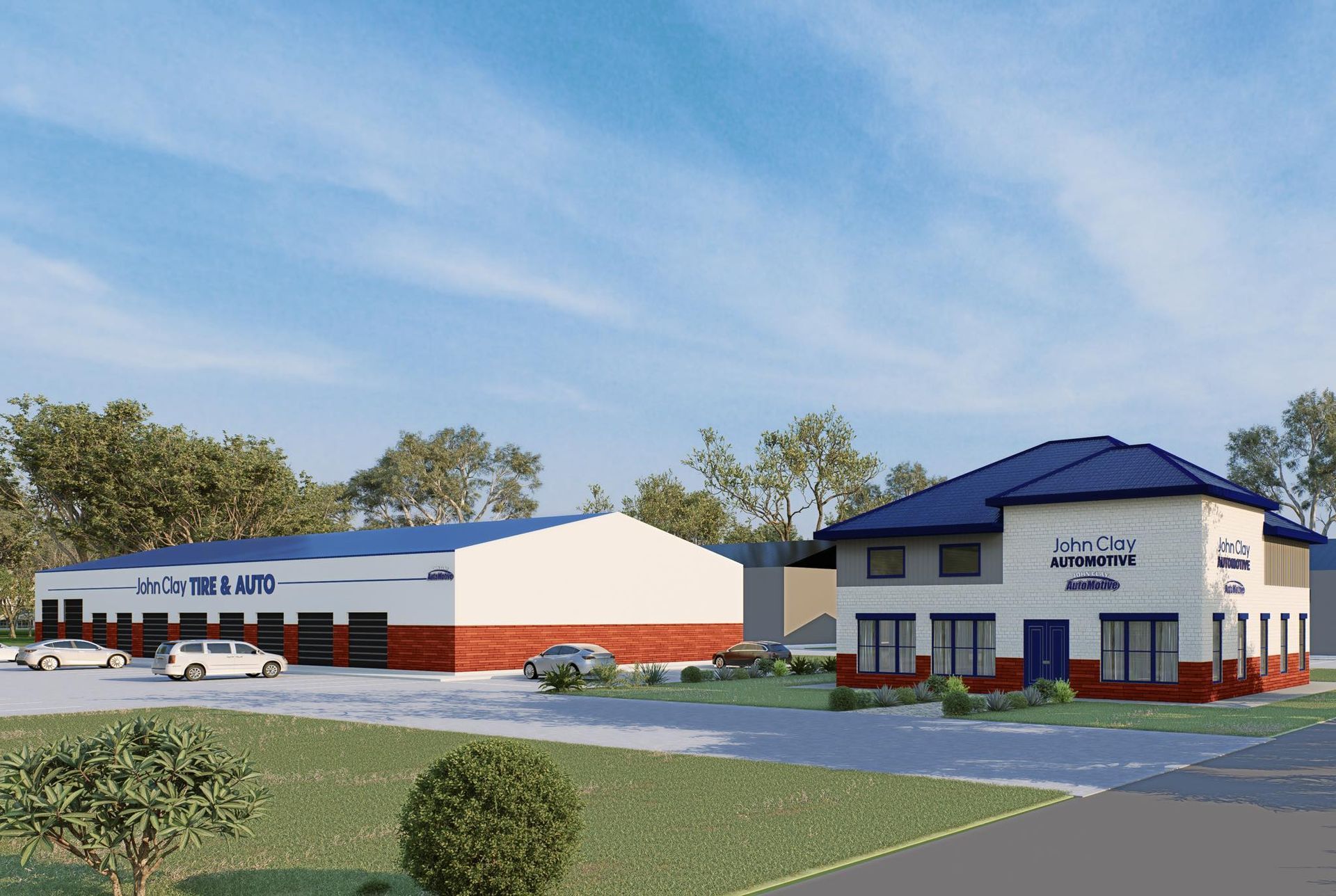 Image of 2 buildings with blue, white, and red colors.