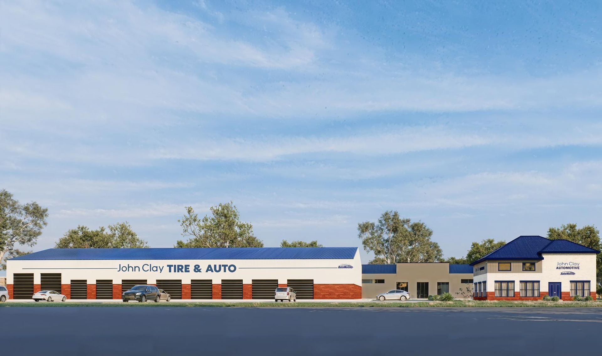 front view of 2 buildings with blue, white, and red colors.