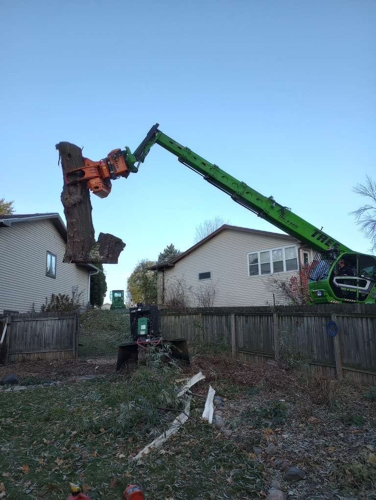 A green telehandler lifts a large tree stump in a residential yard with houses and a fence in the background.