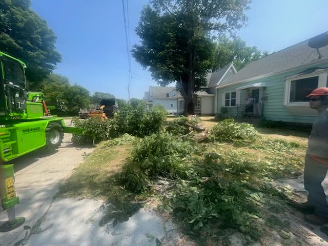 Green machinery and workers clear debris from a yard next to a house on a sunny day.