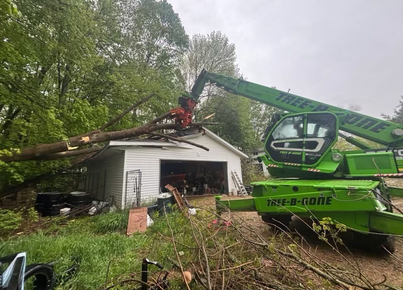 A green tree removal machine lifts a fallen tree from the roof of a white garage; a tree service in action.