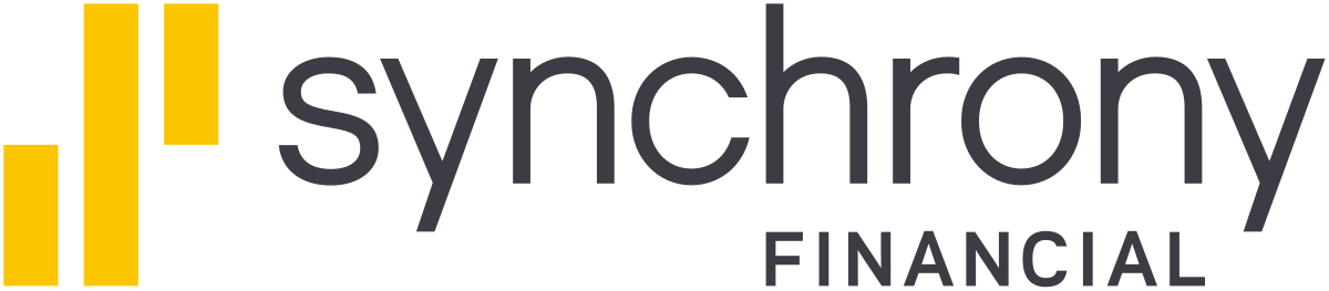 The logo for synchrony financial is yellow and black.