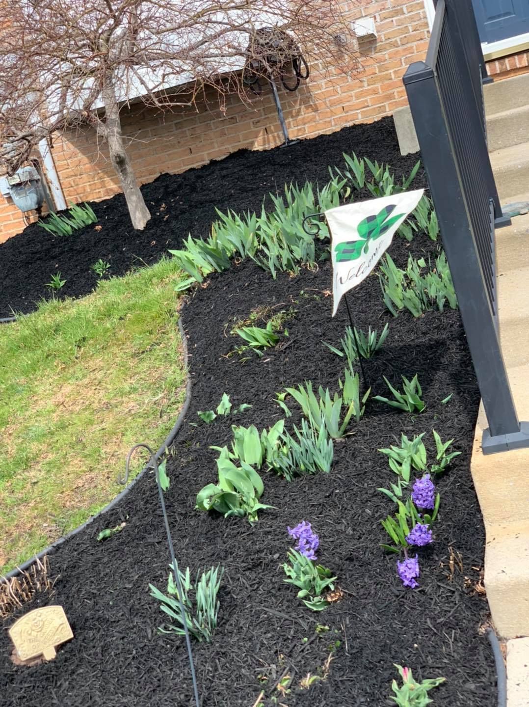 Mulched flower bed with purple and green plants beside a walkway and black railing, with a small flag marker