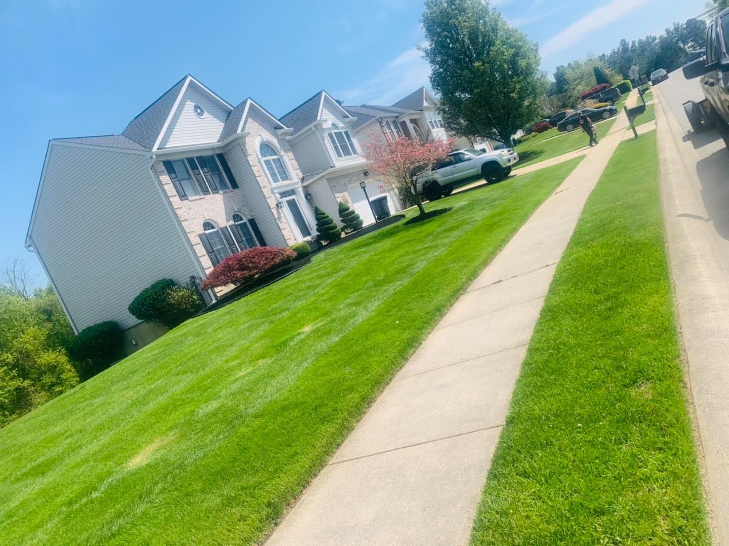 Sunny suburban street with townhouses, green lawns, and a sidewalk lined with parked cars