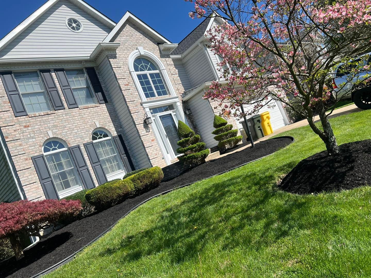 Suburban house with white siding, brick facade, landscaped lawn, and a blooming tree in front