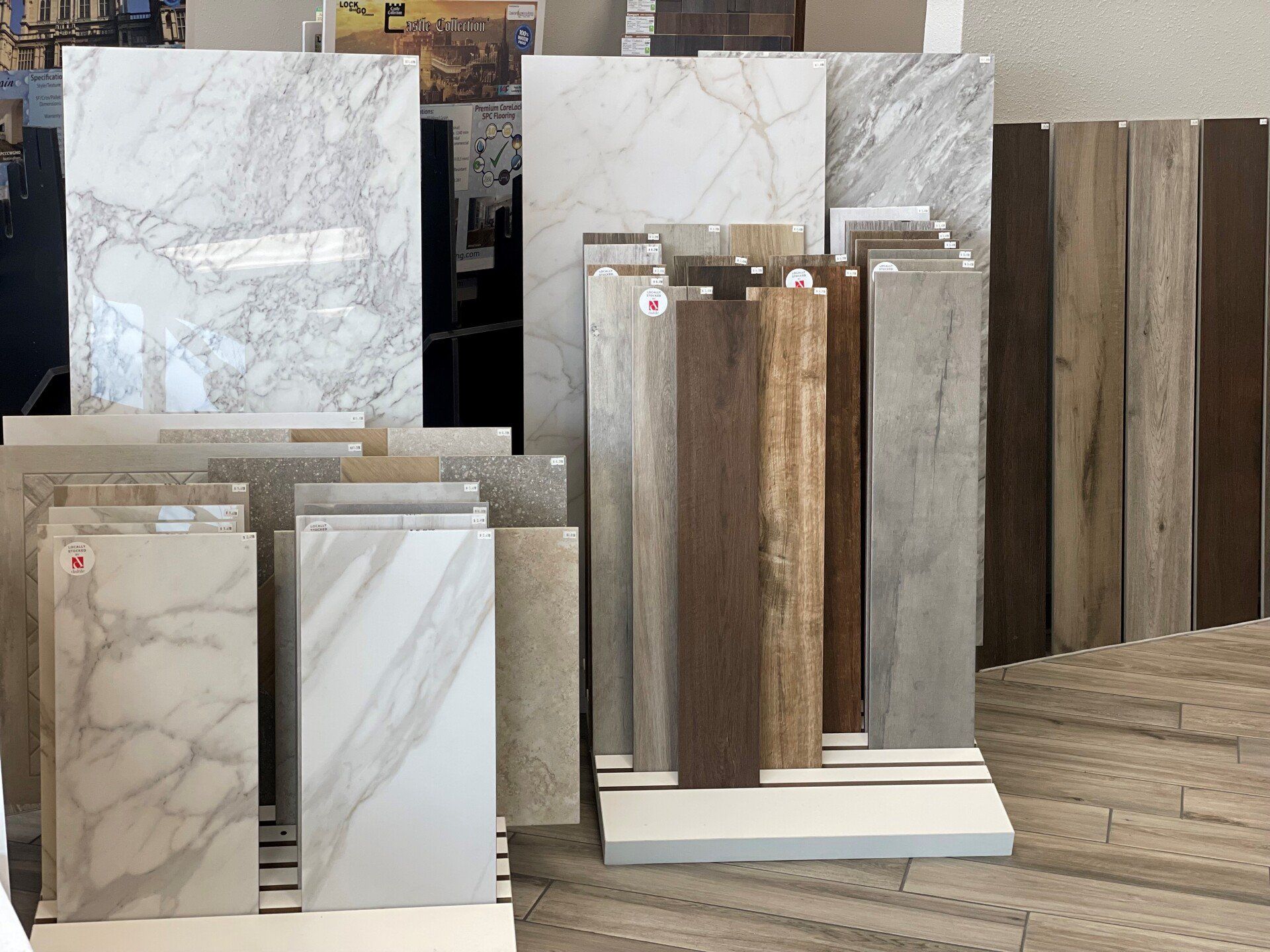 A display of tiles and wood in a store