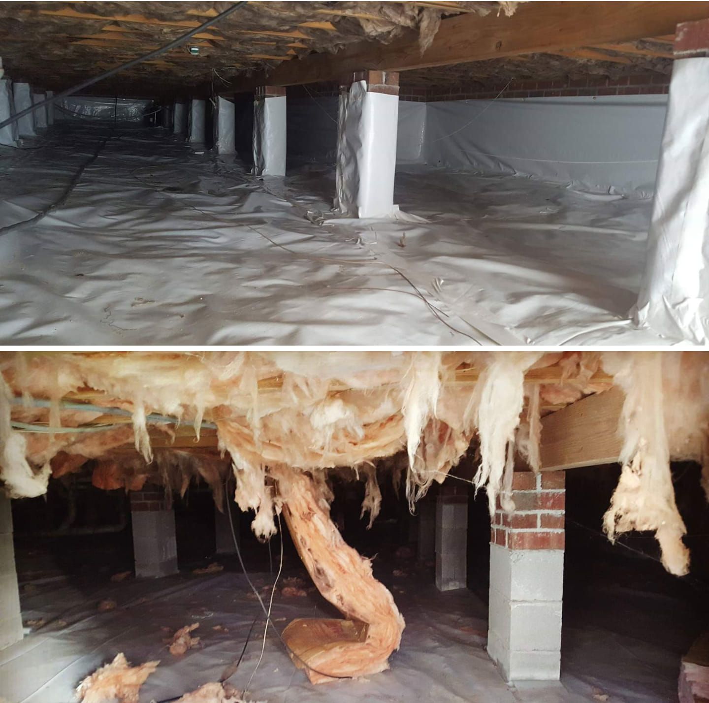 A before and after picture of a crawl space