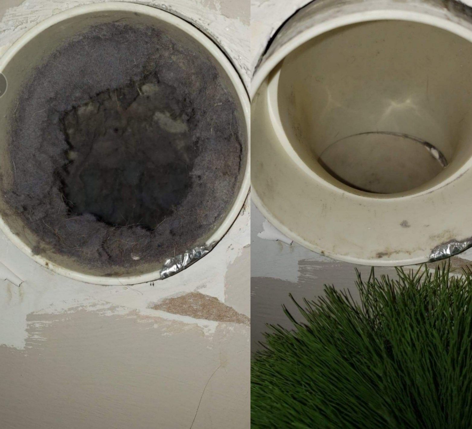 A before and after picture of a dirty duct and a clean duct