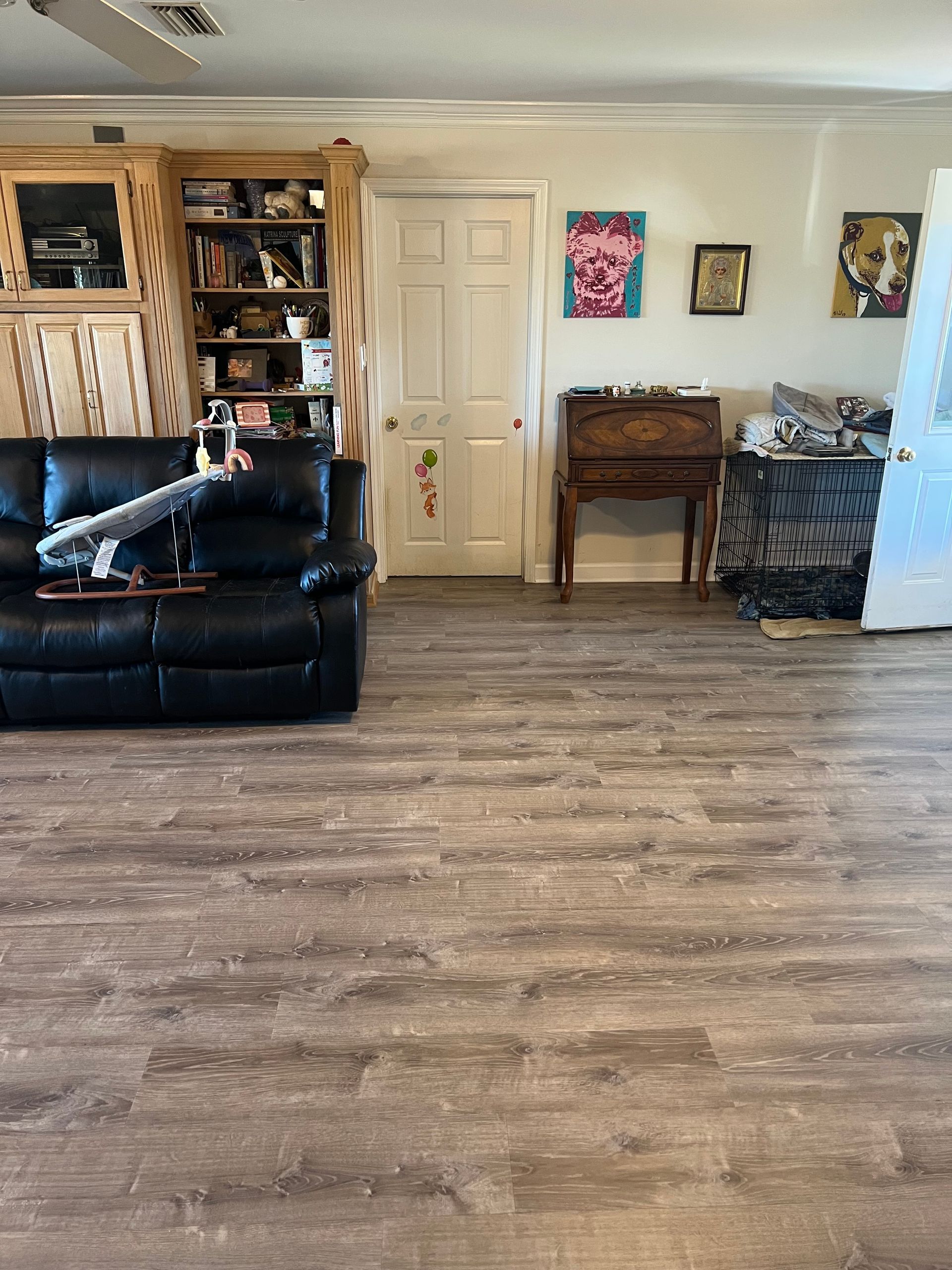 Living room with dark flooring, black sofa, wooden cabinets, and a white door.