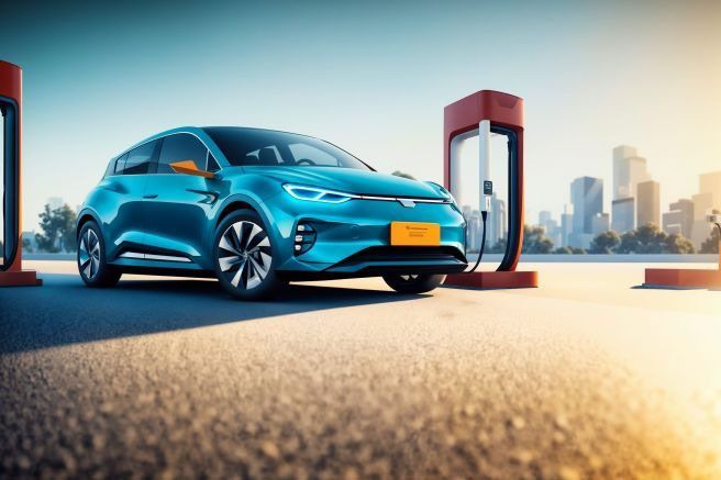 Blue electric car charging at a station with a city skyline in the background.