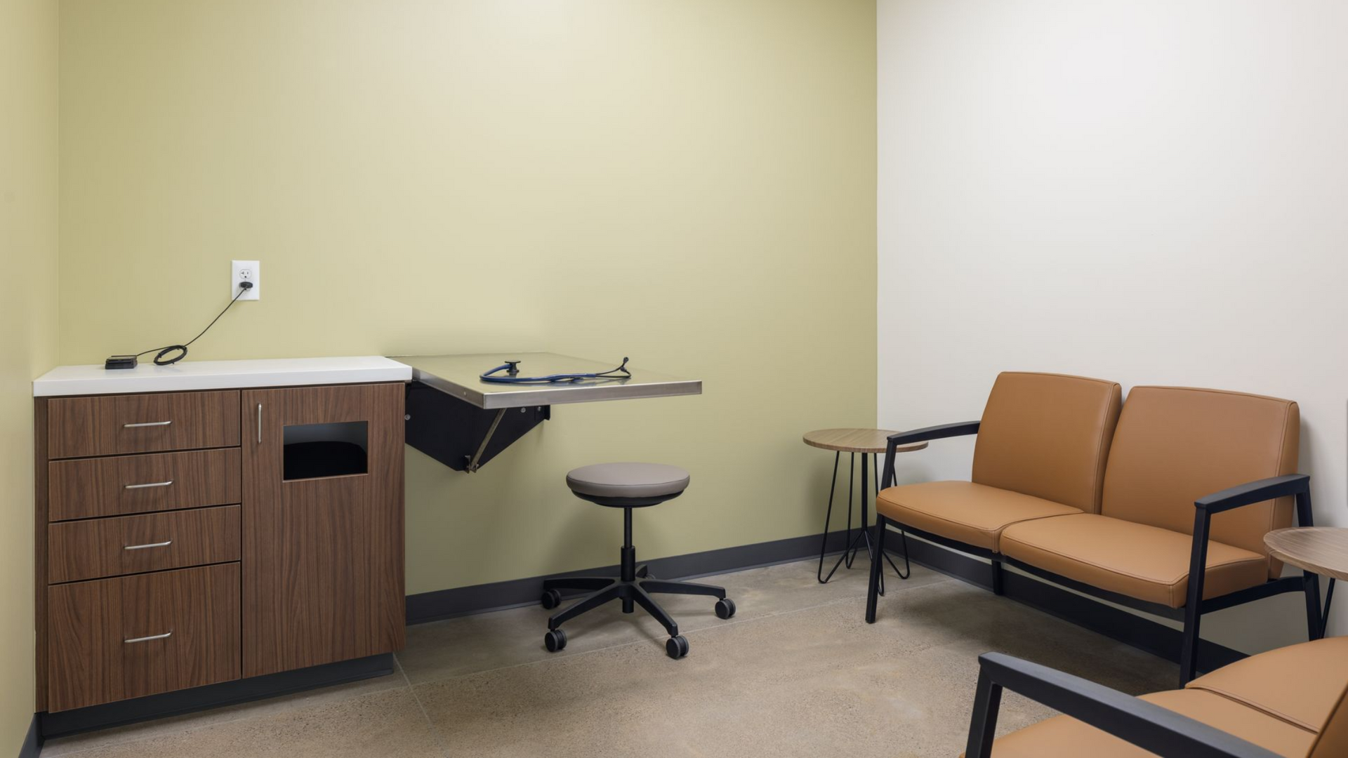 A brightly lit, modern veterinary exam room with stainless steel tables, medical supplies on shelves, and a sofa.