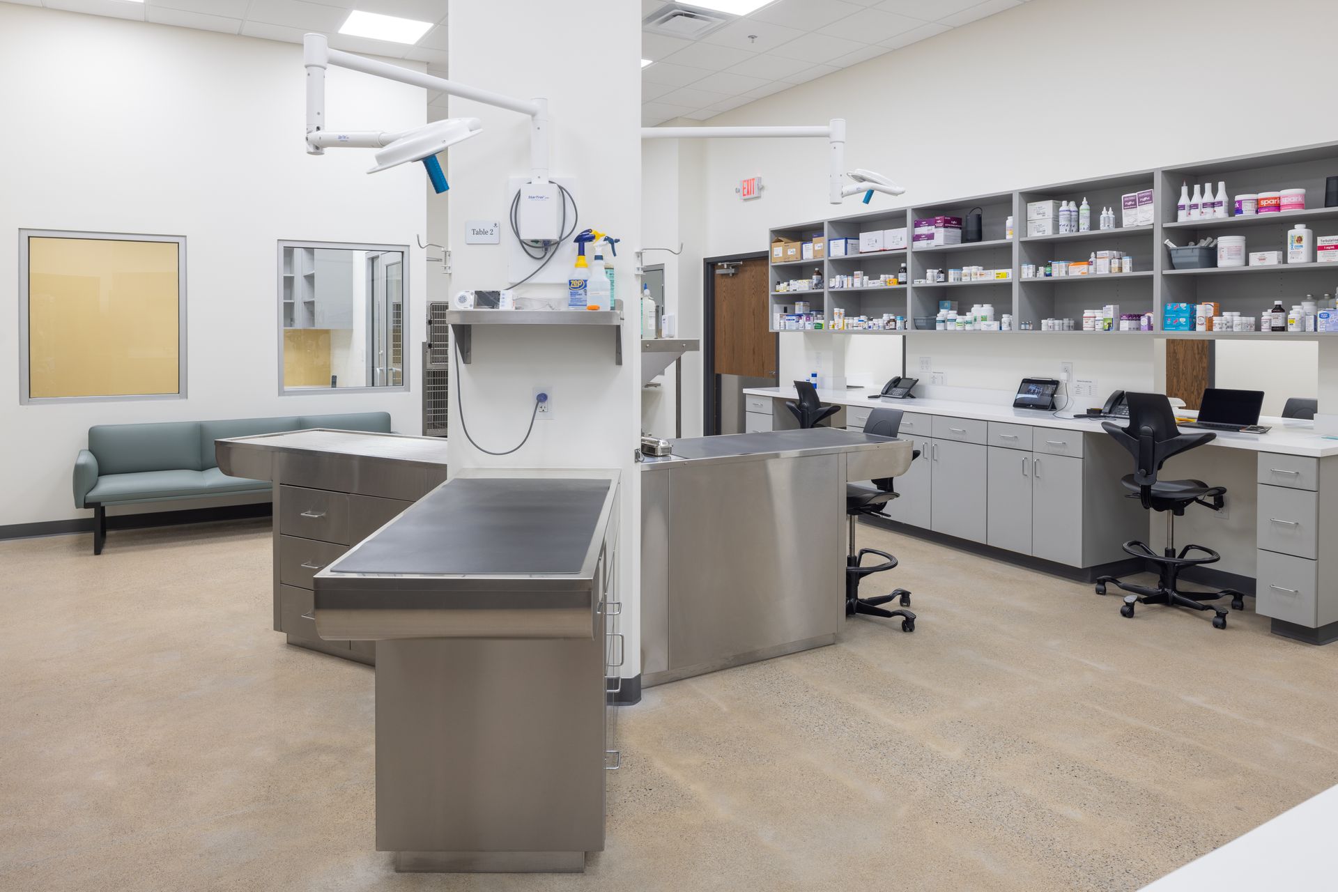 Veterinary examination room with stainless steel table, shelves of medicines, and a desk.