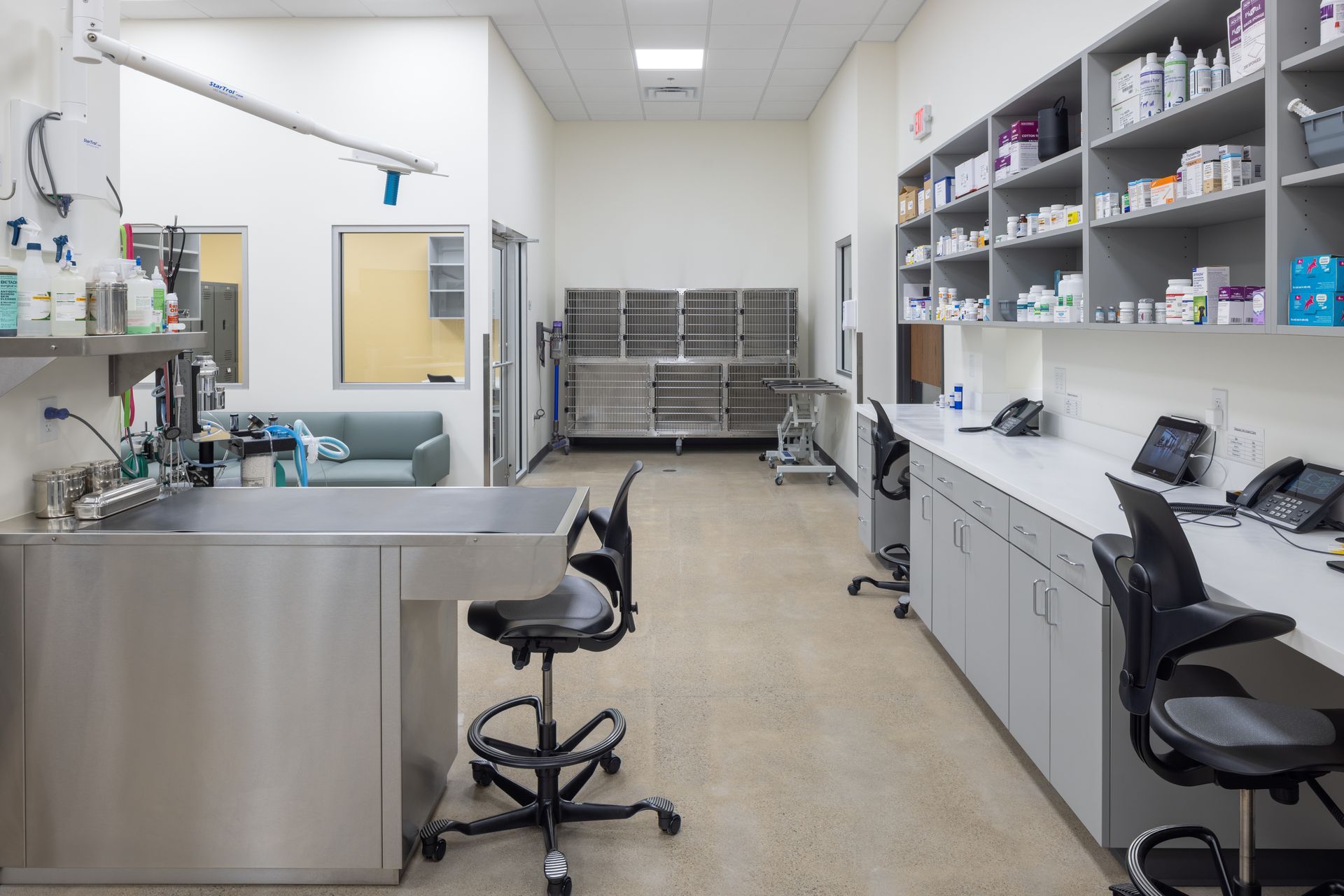 Veterinary clinic interior: stainless steel sink, cabinets with shelves of medication, two black chairs, and beige floor.