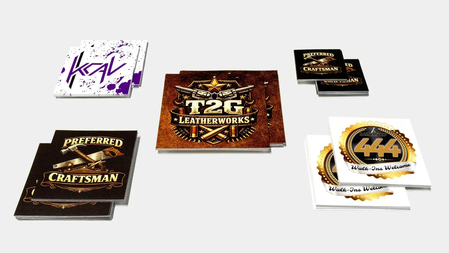 Assorted poker-style card decks and boxes arranged on a white background