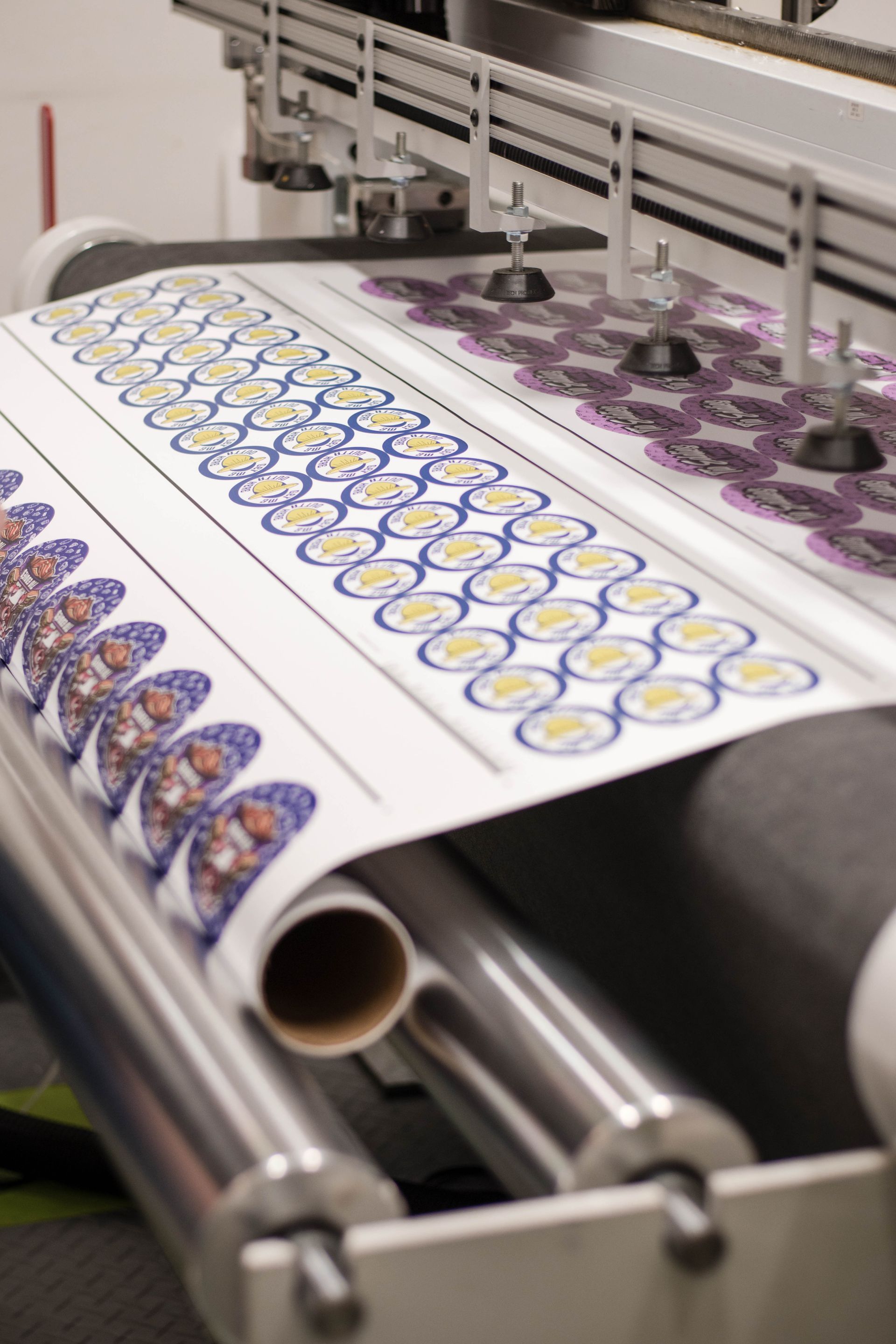 Printing press producing colorful sheet labels on a roll of paper