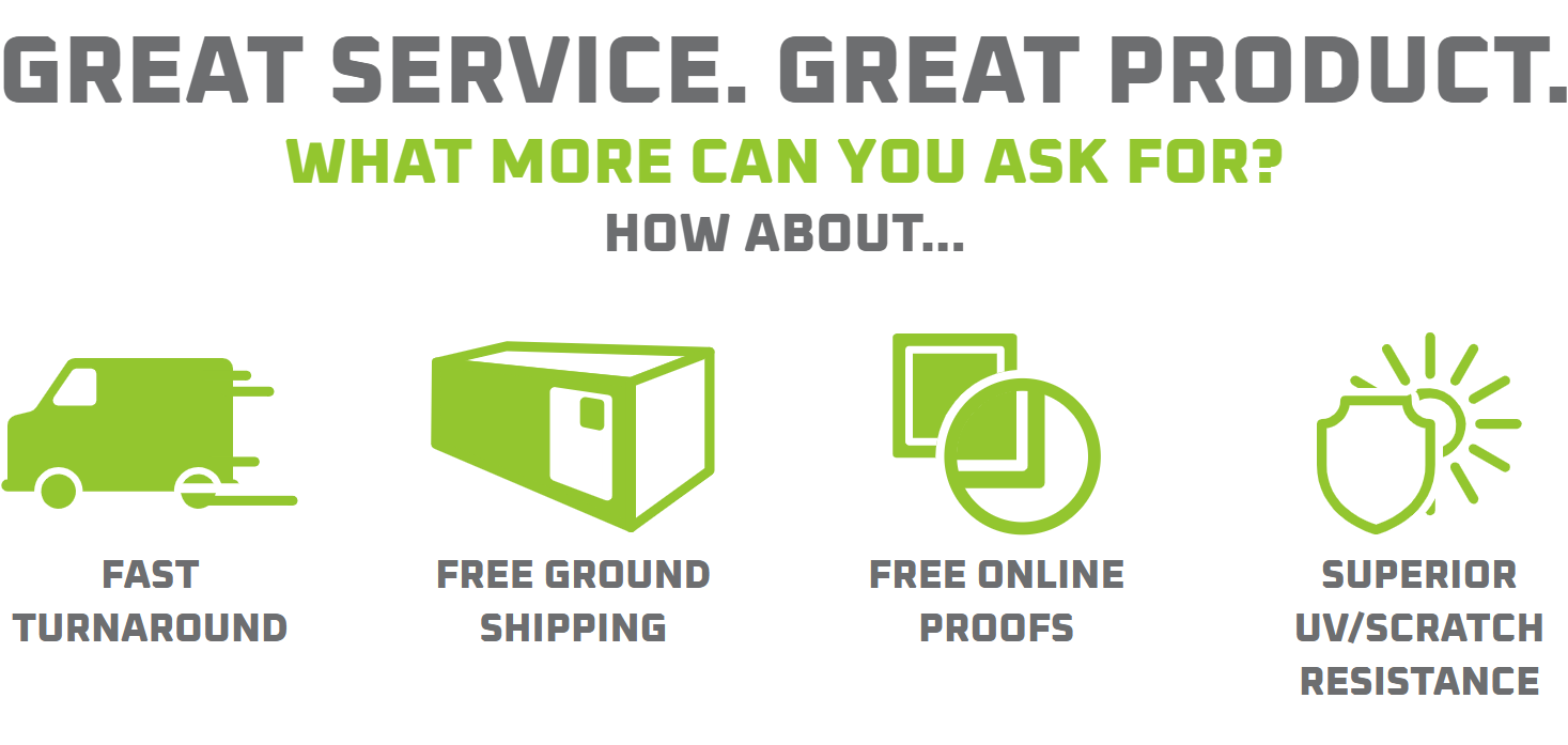 Green service ad with icons for fast turnaround, free ground shipping, free online proofs, and UV-resistant inks