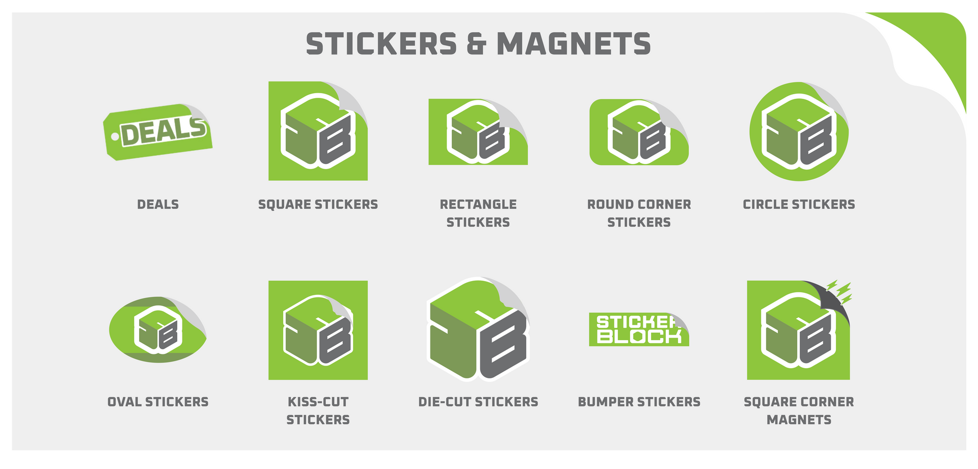 Green “Stickers & Magnets” product layout with six icon illustrations on a white background
