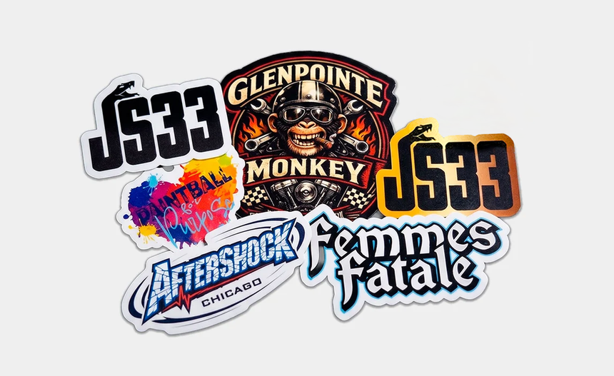 Collage of five overlapping graffiti-style logos and stickers in black, orange, blue, and white