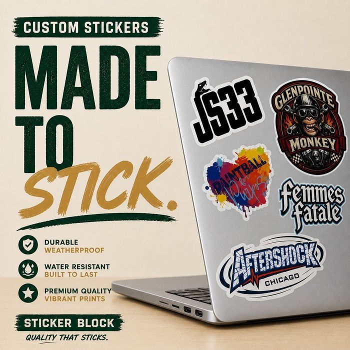 Custom stickers ad with laptop covered in colorful vinyl decals and text “Made to Stick”