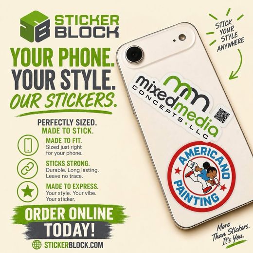 StickerBloc ad for custom phone stickers, showing a decorated white phone with bold green and black promo text.
