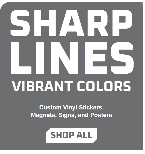 Sharp Lines ad with bold white text on gray: “Vibrant Colors,” custom vinyl stickers, magnets, signs, posters, and “Shop All” button