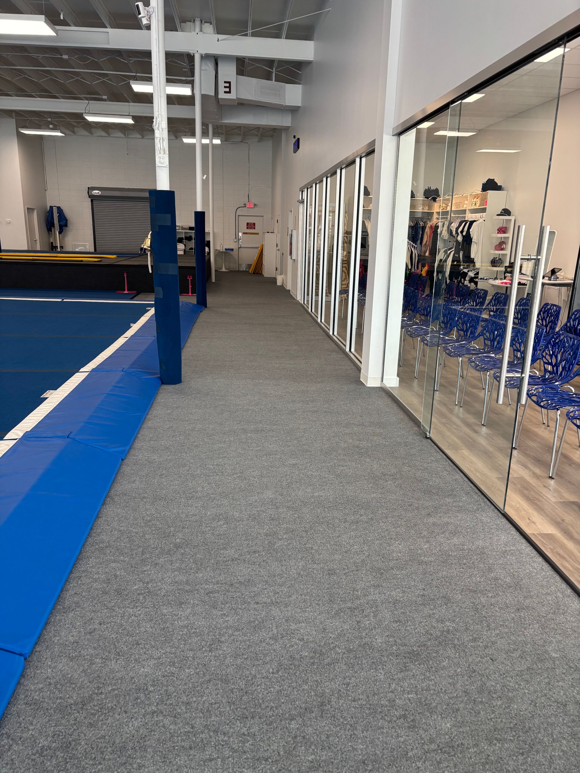 Hallway with gray carpet, a blue mat, and a glass-walled room.