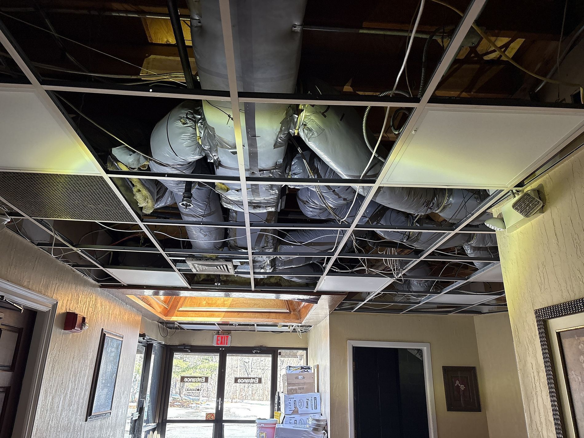 Damaged ceiling with exposed insulation and dangling panels in a hallway, near a doorway and windows