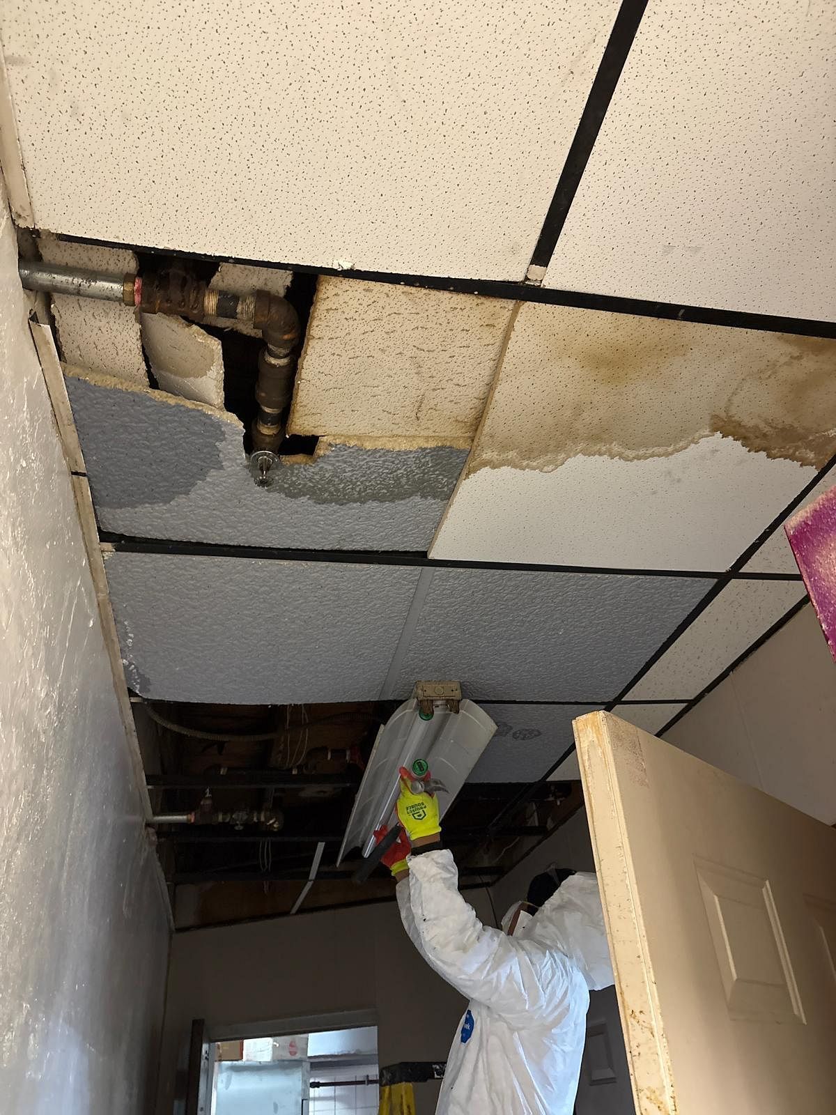 Worker inspecting a damaged ceiling tile in a room with visible water damage and open ceiling panels