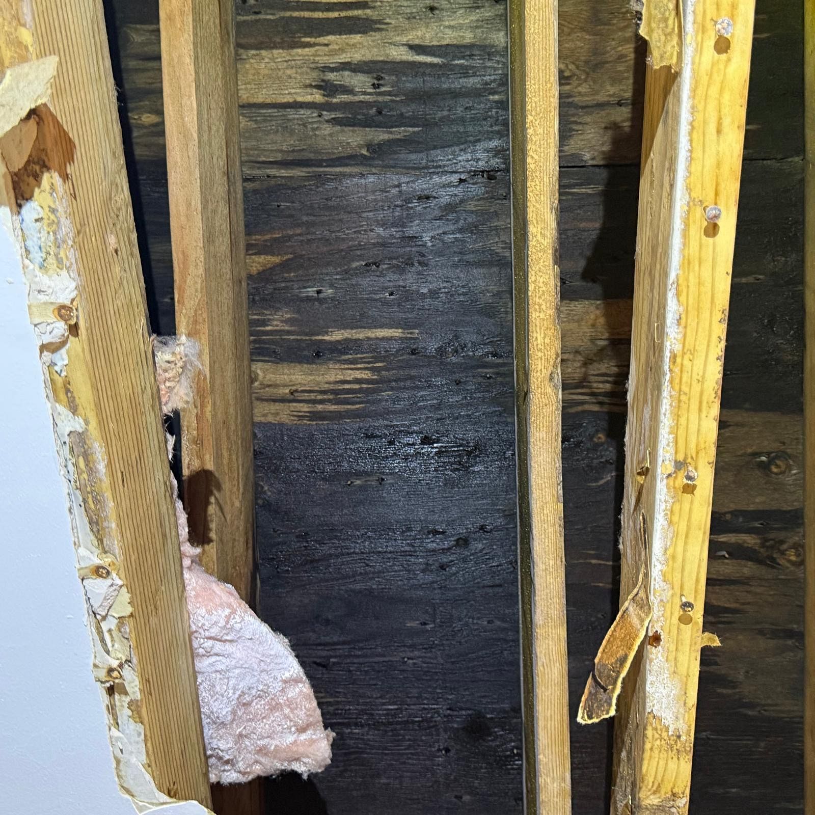 Exposed wooden wall studs with dark insulation and pink foam in a damaged interior wall