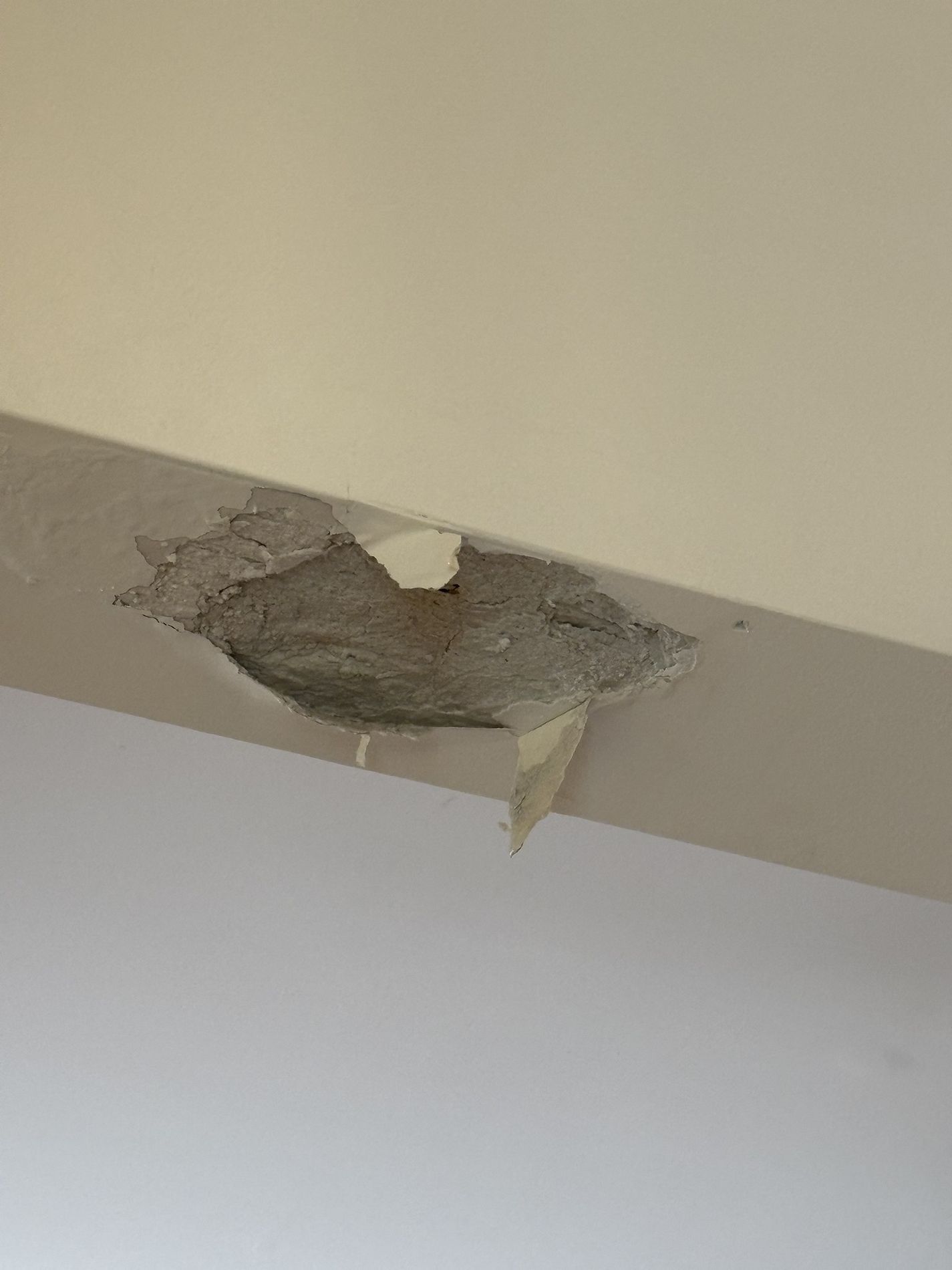 Damaged ceiling with a hole and peeling plaster, exposing material underneath