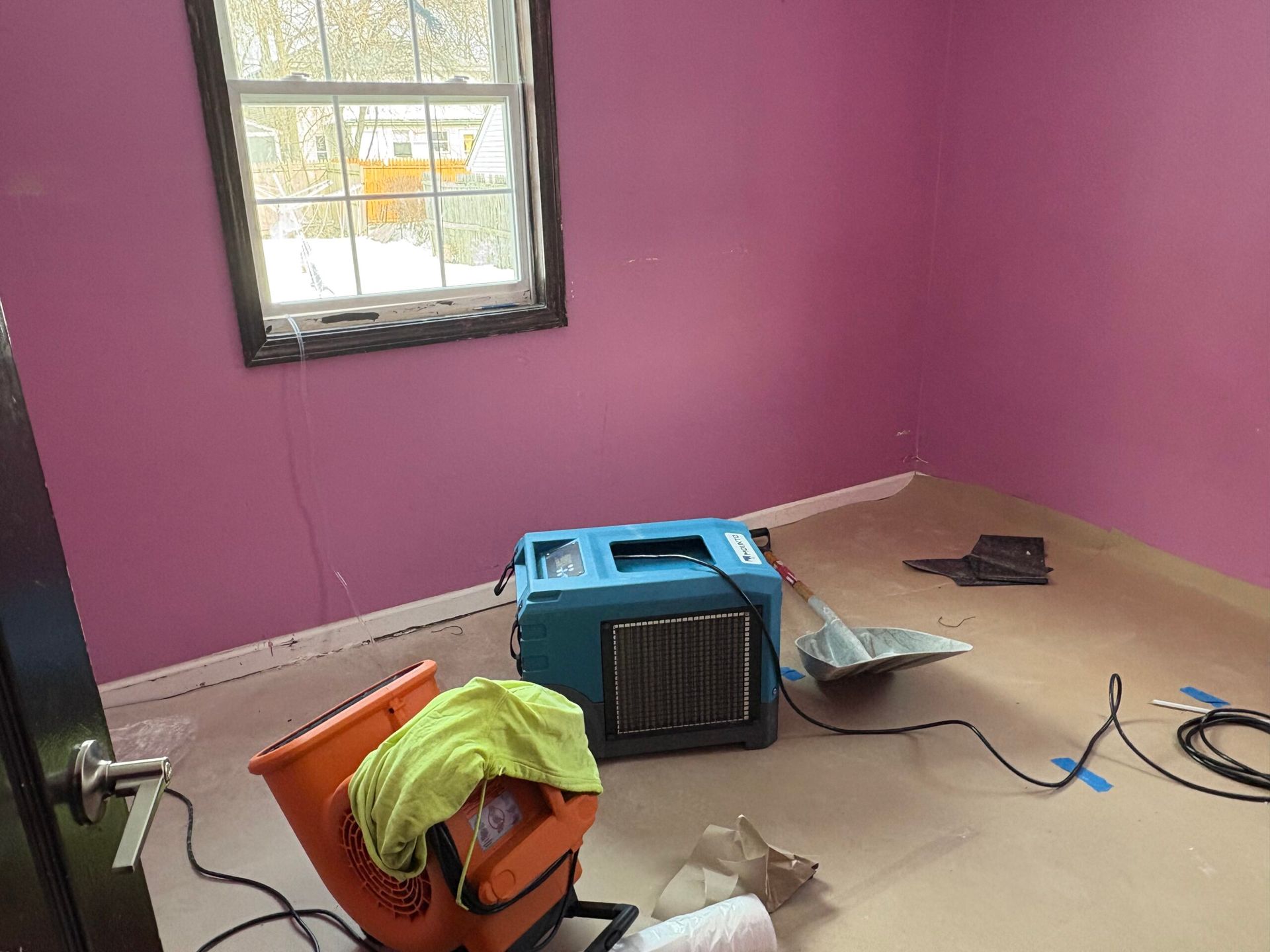 Cluttered room with purple walls, window light, scattered tools, and a blue plastic crate on the floor
