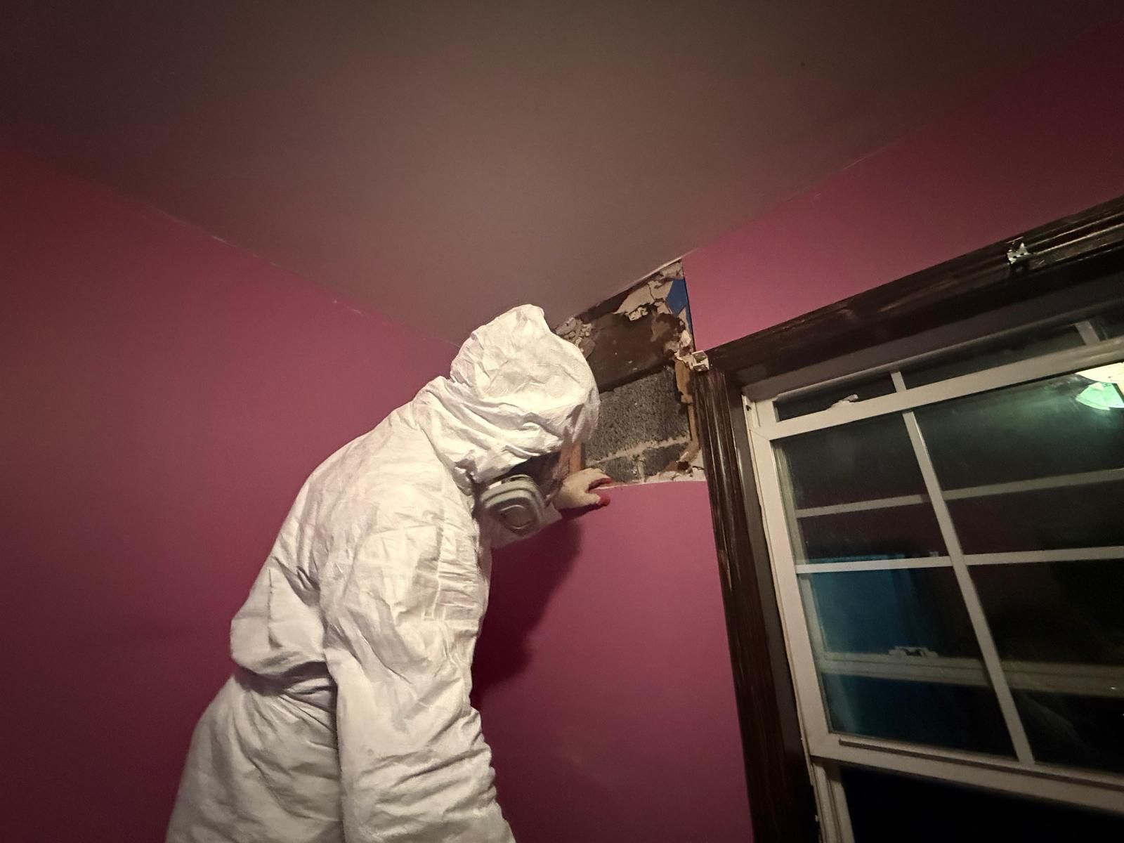 Person in white protective suit inspecting damaged wall near a window in a maroon room
