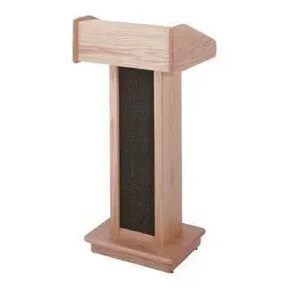A light-wood podium with a slanted top and a dark, vertical rectangular panel on its front column.