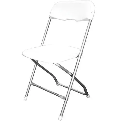A white folding chair with a metal frame against a white background.