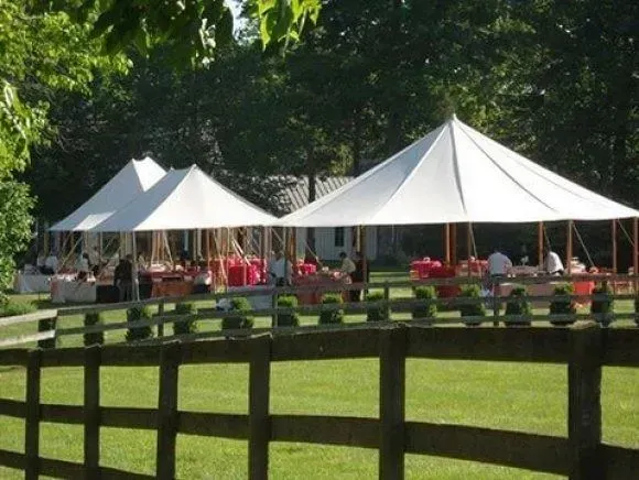 White event tents set up in a grassy field behind a wooden fence with people attending a gathering.