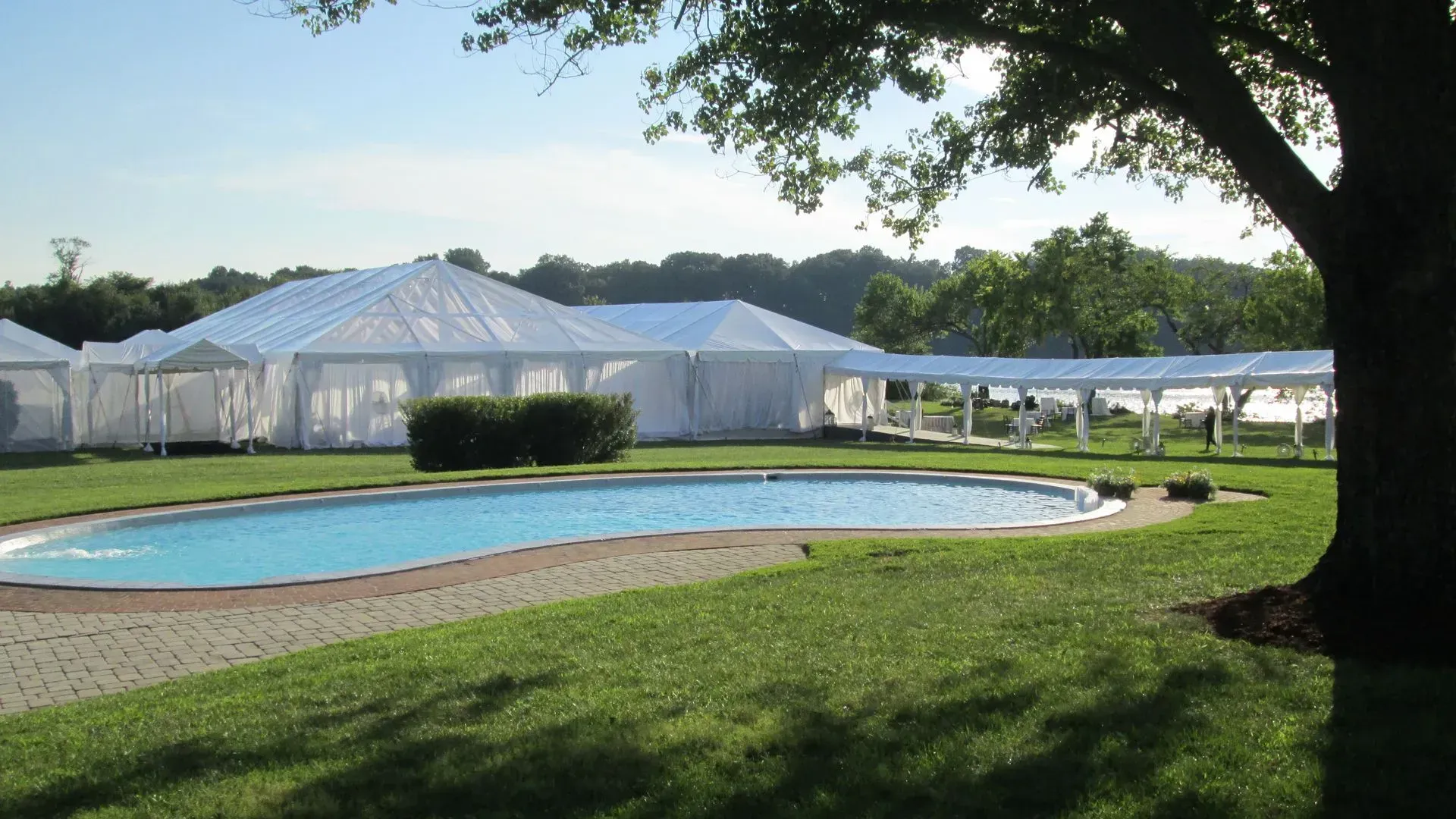 Large white event tents set up on a grassy lawn next to a kidney-shaped swimming pool under a sunny sky.