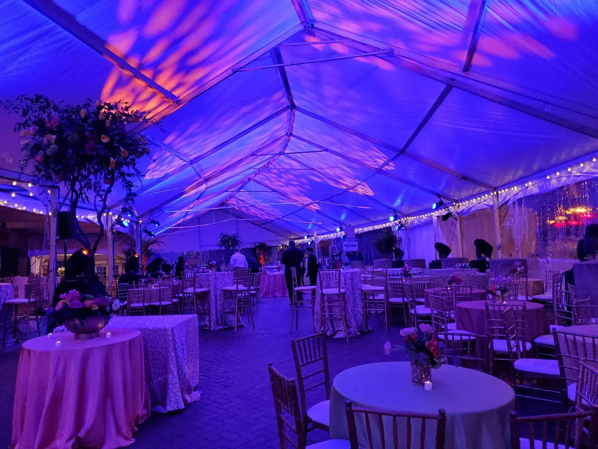 A brightly lit event tent at night, decorated with purple uplighting and numerous round tables set for a banquet.